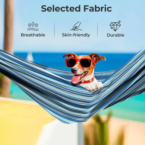 Two Person Outdoor Hammock With Adjustable Metal Stand For Patio Or Garden with dog in striped fabric, beach backdrop
