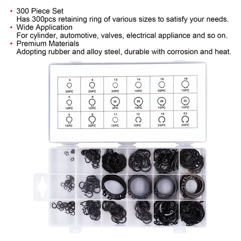 300 Piece Snap Ring Set With E Clips And C Clips Assortment Kit in open box showing different sizes for valves and sprayers.