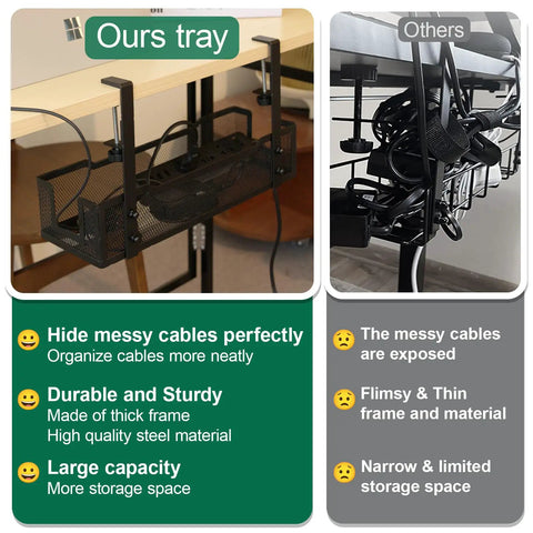 Under Desk Cable Management Tray With Clamp For Quick No Drill Setup showing comparison of sturdy versus flimsy cable trays