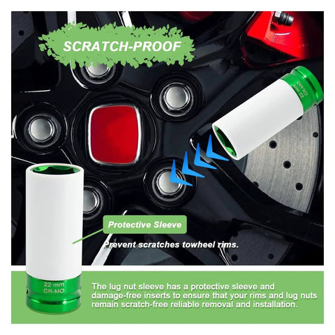 Heavy Duty Half Inch Drive 22 Mm Lug Nut Impact Socket Featuring A Scratch Proof Protective Sleeve For Smooth Rim Safe Removal close-up on wheel rim.