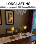 Realistic 3 Inch Flameless Candles Set of 2 With Remote Flicker That Feels Real Battery Powered by 2AA Up To 600 Hours Timer For Indoor Outdoor Use White on dining table