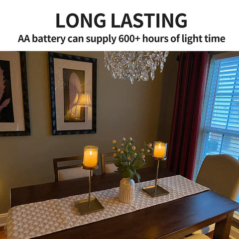 Realistic 3 Inch Flameless Candles Set of 2 With Remote Flicker That Feels Real Battery Powered by 2AA Up To 600 Hours Timer For Indoor Outdoor Use White on dining table