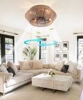 Rattan Ceiling Fan with Caged Flush Mount Low Profile for Bedroom Living, woven shade in a bright living room setting.