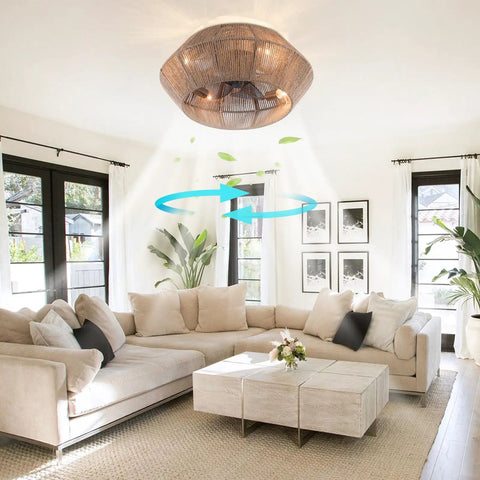 Rattan Ceiling Fan with Caged Flush Mount Low Profile for Bedroom Living, woven shade in a bright living room setting.