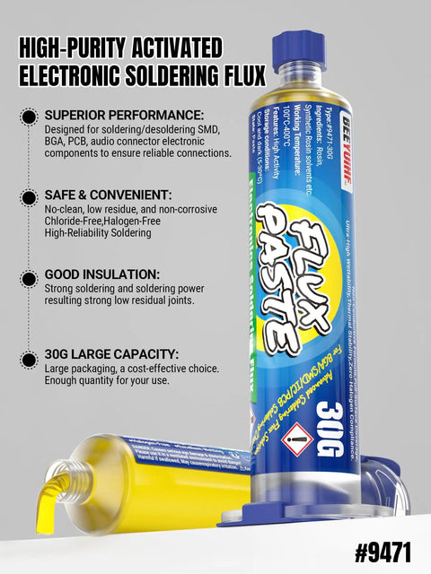 30g high-purity activated electronic soldering flux with nozzle, safe for SMD, BGA, PCB work, ensures reliable connections.
