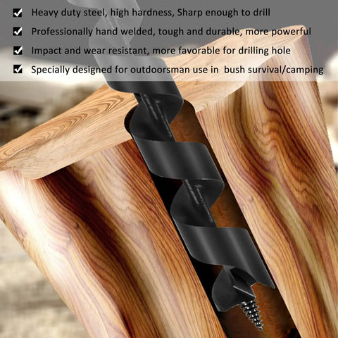 Hand Powered Wood Auger Drill Bit 1 Inch By 12 Inch With Wrench for DIY bushcraft and woodworking, shown drilling into wood.