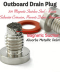 Magnetic And Non Magnetic Drain Screw Set For Yamaha Outboard Lower Unit With Gaskets 2 Pack Stainless Steel Corrosion Resistant Direct OEM Replacement Ready To Install showing magnetic drain plug with debris.