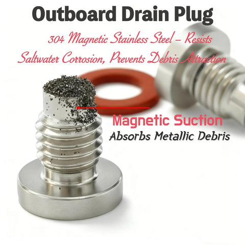 Magnetic And Non Magnetic Drain Screw Set For Yamaha Outboard Lower Unit With Gaskets 2 Pack Stainless Steel Corrosion Resistant Direct OEM Replacement Ready To Install showing magnetic drain plug with debris.