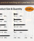 Product size and quantity chart for 255 Piece Heavy Duty Black Flat Head Wood Screw Kit Number Six And Eight Zinc Plated Carbon Steel Rust Resistant Indoor Outdoor Fasteners.