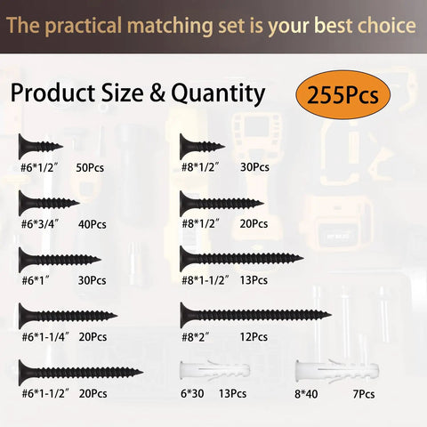 Product size and quantity chart for 255 Piece Heavy Duty Black Flat Head Wood Screw Kit Number Six And Eight Zinc Plated Carbon Steel Rust Resistant Indoor Outdoor Fasteners.