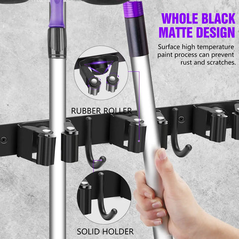 Space Saving Wall Mount Broom And Mop Holder With Five Slots And Four Hooks Self Adhesive Matte Black Garage Rack And Tool Organizer For Closet Door Cabinet Laundry Room