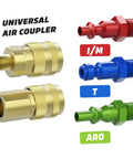 18 Piece Air Fittings Kit With Universal Quick Coupler And Ball Valve showing brass and colored couplers for I/M, T, ARO systems