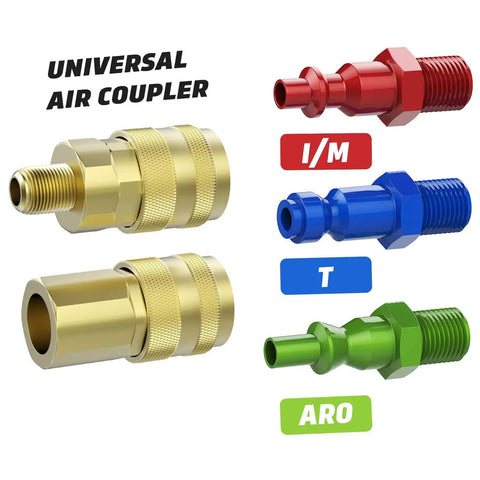 18 Piece Air Fittings Kit With Universal Quick Coupler And Ball Valve showing brass and colored couplers for I/M, T, ARO systems