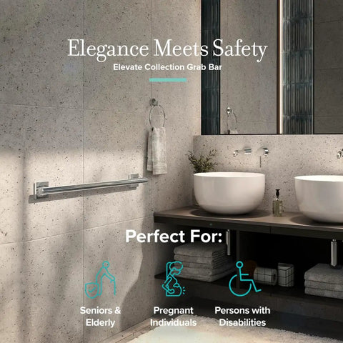 Bathroom with Elevate 24 Inch Chrome ADA Compliant Stainless Steel Safety Grab Bar, stylish sink, no clinic vibe.