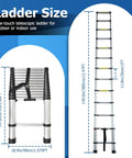 Diagram showing dimensions of 12.5 Foot Telescoping Aluminum Ladder With One Button Retraction Collapsible Extension Ladder For Indoor And Outdoor Use Lightweight Rust Resistant Easy To Carry And No Fuss Setup.