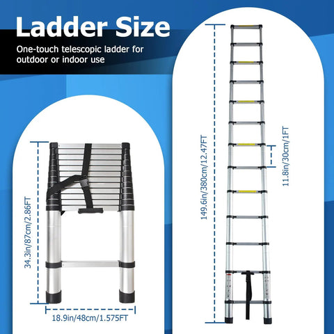 Diagram showing dimensions of 12.5 Foot Telescoping Aluminum Ladder With One Button Retraction Collapsible Extension Ladder For Indoor And Outdoor Use Lightweight Rust Resistant Easy To Carry And No Fuss Setup.
