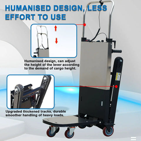 Upgraded Electric Stair Climbing Hand Truck With Heavy Duty Track Design features adjustable lever height and thickened tracks for easy load handling.