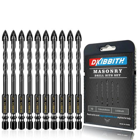 Ten Pack One Quarter Inch Concrete Drill Bits Set Pro Grade Carbide YG6 With Rust Resistant Alloy Heavy Duty Cross Spear Ground Tip For Tile Ceramic Glass Mirror Brick Plastic Cement Quick Change Hex Shank In Sturdy Carrying Case