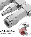 360 Degree Swivel 2 Way Air Hose Splitter With Nickel Plated Steel Pneumatic Fitting Universal Quick Connect Manifold For Air Compressors And Industrial Use Heavy Duty Easy Install, close-up view of a nickel-plated steel fitting highlighting swivel design.