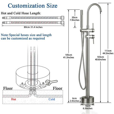 Diagram of Freestanding Tub Faucet With Hand Shower In Brushed Nickel Floor Mounted Bathtub Filler Set With Dual Handles 180 cm Shower Hose