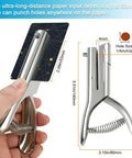 Ultra Long Reach Single Hole Punch Heavy Duty Zinc Alloy Hand Held Leather Punch For Scrapbooking ID Cards PVC Badges Photos And Paper 1/4 Inch Punch Capacity Deep Reach Edge To Center Punching shown in use, with measurements highlighting 53mm reach and 6mm hole size.