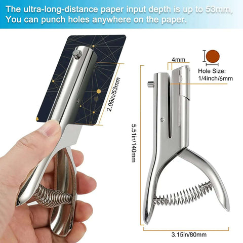 Ultra Long Reach Single Hole Punch Heavy Duty Zinc Alloy Hand Held Leather Punch For Scrapbooking ID Cards PVC Badges Photos And Paper 1/4 Inch Punch Capacity Deep Reach Edge To Center Punching shown in use, with measurements highlighting 53mm reach and 6mm hole size.