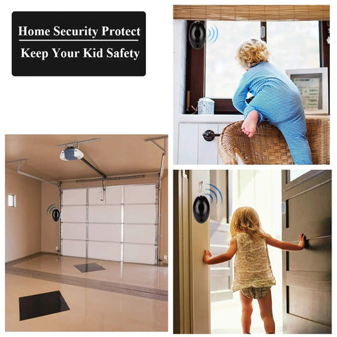 Home security through beam sensors installed in garage and window for child's safety.