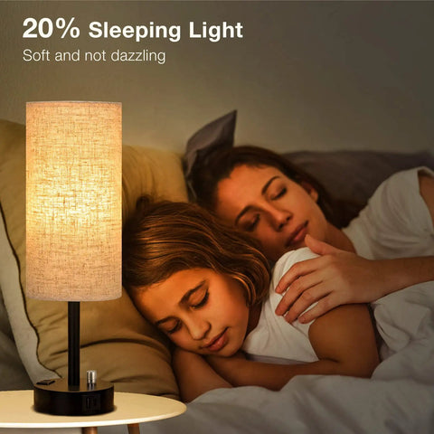 Set Of 2 Fully Dimmable Bedside Lamps With USB C Charging Port And Built In USB Ports And Outlets, lamp lit on nightstand