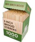Premium Natural Birch Wood Stir Sticks For Home And Office Coffee Bars, Heavy Duty Eco Friendly Bulk Pack, Unbeatable Five Point Five Inch Length, A Total Game Changer For Your Daily Brew, displayed in a 1000 count box.