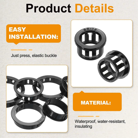 60 Pack Nylon Wire Grommets for Cables and Hoses, display showing easy installation and durable PA Nylon material