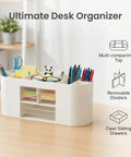 All In One Desk Organizer With Drawers For Office Supplies Storage White with pens, scissors, sticky notes, and glasses