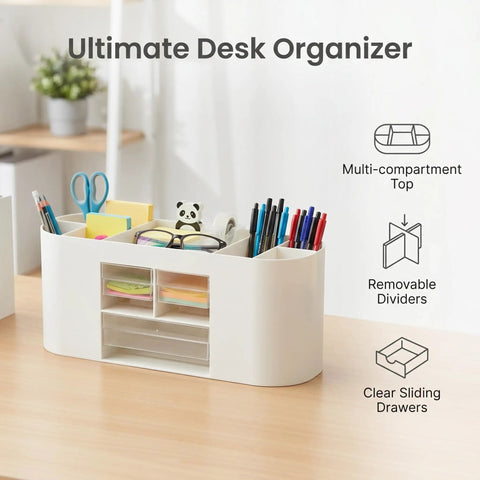 All In One Desk Organizer With Drawers For Office Supplies Storage White with pens, scissors, sticky notes, and glasses