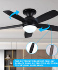 52 Inch Outdoor Ceiling Fan With Lights And Remote, Black Flush Mount Ceiling Fan With Reversible Blades Two Color Black And Dark Wood
