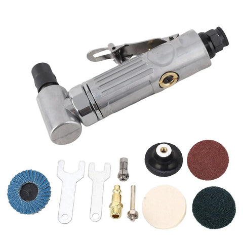 Heavy Duty Right Angle Air Die Grinder With Adjustable Speed Regulator And Beast Mode Tungsten Steel Internals For High Rpm Metalworking, showing angled body and accessories