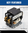 1 Pole 30A 24V AC Coil Definite Purpose Contactor for HVAC with durable housing, copper coil, and screw box lug, shown with foot mounting base.