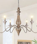 6-Light French Country Farmhouse Chandelier For Dining Room And Living Room, Rustic Brown Distressed Wood, Vintage Rust Arm Detail