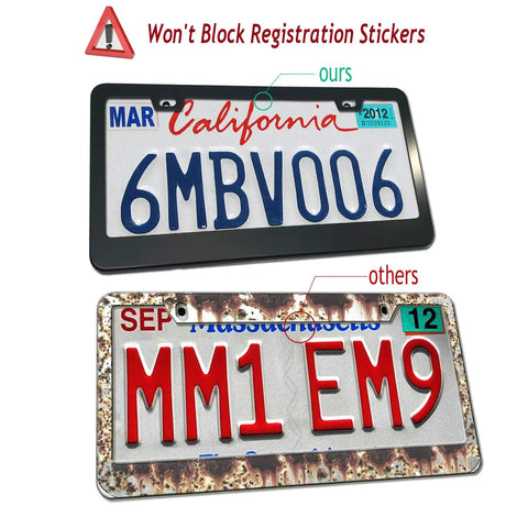 Anti Theft License Plate Frame Kit With Tamper Proof Hardware showing a black frame highlighting registration stickers.