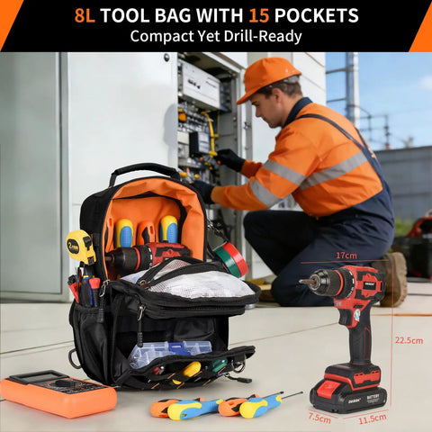 Kickass Heavy Duty Tool Chest Bag For Electricians And Hvacs Fits 21 Volt Drills Plus Multimeters In Tight Crawlspace Ladder Sites With Secure Three Point Harness