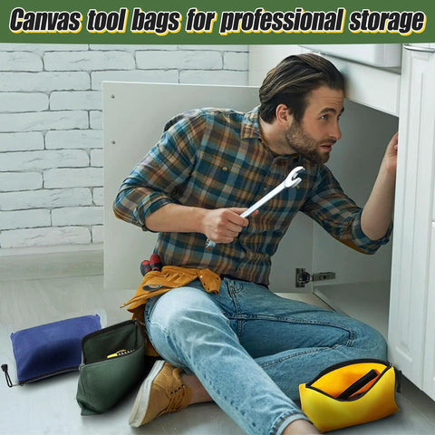 Man using tools with Must-Have Six Color Canvas Tool Bags Set 11.2x7 Inch Heavy Duty Zipper Pouches nearby on floor.