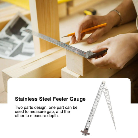Person using Pro Grade Stainless Steel Taper Welding Gauge for gap and depth measurement on wooden project
