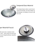 USZWBY Tempered Glass Bathroom Vessel Sink, Round Shape Spiral Pattern Spiral Artistic Vessel Bowl Sink with Waterfall Faucet and Pop Up Drain with copper faucet.