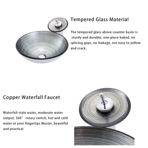 USZWBY Tempered Glass Bathroom Vessel Sink, Round Shape Spiral Pattern Spiral Artistic Vessel Bowl Sink with Waterfall Faucet and Pop Up Drain with copper faucet.