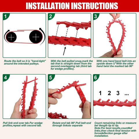 Installation instructions for Adjustable Half Inch By Five Foot PU Linked V Belt A Type showing belt and hand positioning steps