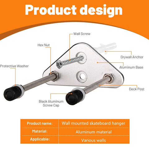 Diagram of Dope Six Pack Aluminum Skateboard Wall Mount Hanger with two screws and labels showing parts and materials.