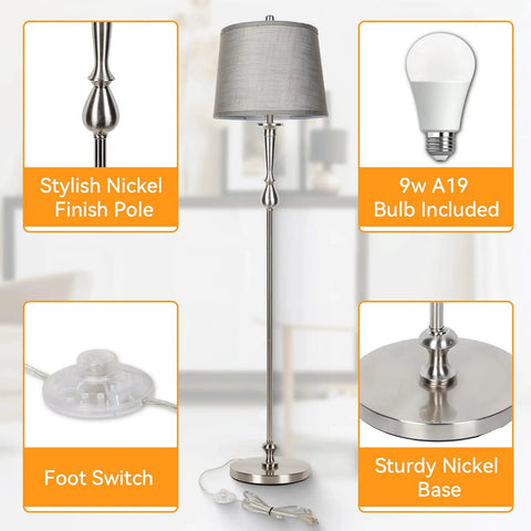 Tall Floor Lamp With Grey Linen Shade And Nickel Finish 3 Color Temperature LED Standing Lamp with foot switch and bulb