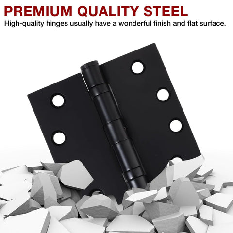 Rock Solid Heavy Duty Matte Black Square Door Hinges Four Point Five Inch Ball Bearing Design on a bed of rocks, showing steel finish.