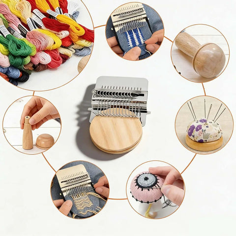 Complete Darning Kit With 14 Hook Mini Loom For Beginners Mushroom Patch Maker For Jeans And Socks Patch Repair Kit Includes Threads Needles Pin Cushion Crochet Hook Elastic Bands And Random Pattern Darning Accessories with view of loom, threads, and tools.