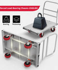 Phexod 2500 Lb Capacity Drywall Cart With Steel Panel Truck Design Features Heavy Duty Anti Slip Patterned Plate And Four Side Handrails For Secure Transport Of Construction Materials On Job Sites And In Warehouses Easy Mobility showing load-bearing chassis and wheels.
