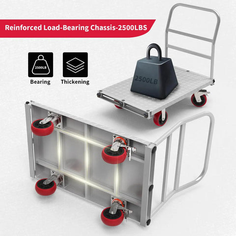 Phexod 2500 Lb Capacity Drywall Cart With Steel Panel Truck Design Features Heavy Duty Anti Slip Patterned Plate And Four Side Handrails For Secure Transport Of Construction Materials On Job Sites And In Warehouses Easy Mobility showing load-bearing chassis and wheels.