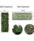 Expandable Privacy Screen Fence For Balcony And Backyard Outdoor Faux Ivy Panel 16 By 45 Inches Closed Expands To 92 Inches Wide With FSC Certified Willow Frame And Decorative Ivy Leaves And Flowers Low Maintenance Easy To Clean showing compact and expanded sizes with ivy details